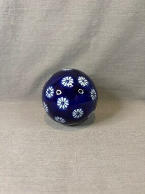 Vintage Ceramic Porcelain Glazed Cobalt Blue Sphere Ball White Flowers 3.5"